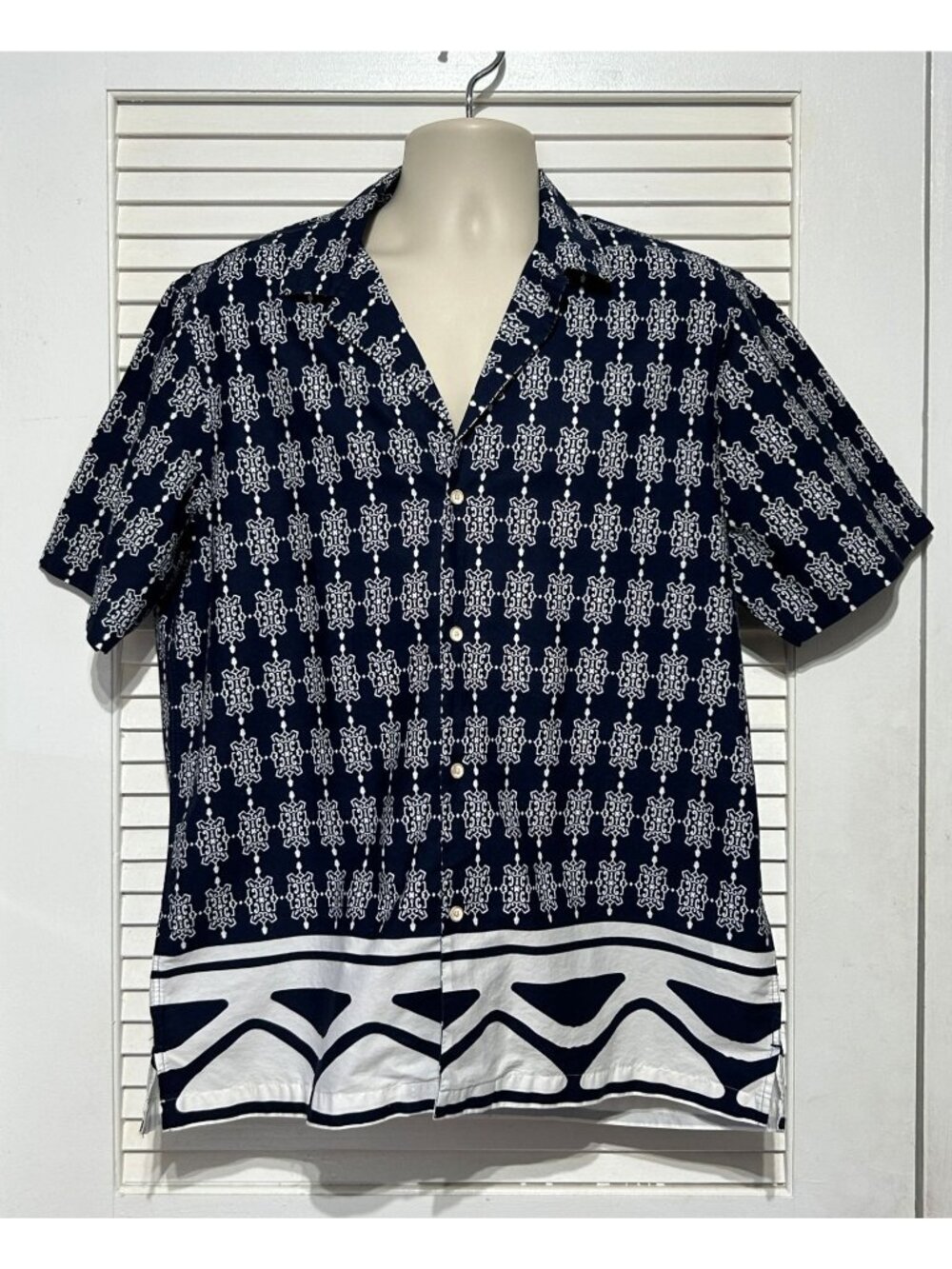 Tasso Alba Men's Navy Blue White Cotton Geometric Short Sleeve Shirt Size L 3586